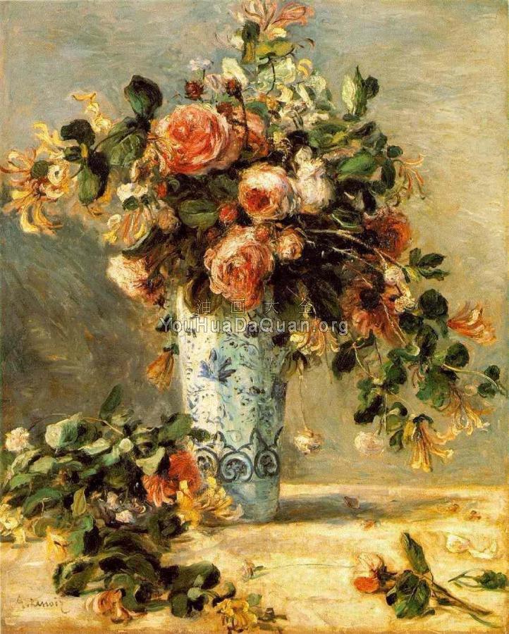 Roses and Jasmine in a Delft Vase - 皮埃尔·奥古斯特·雷诺阿